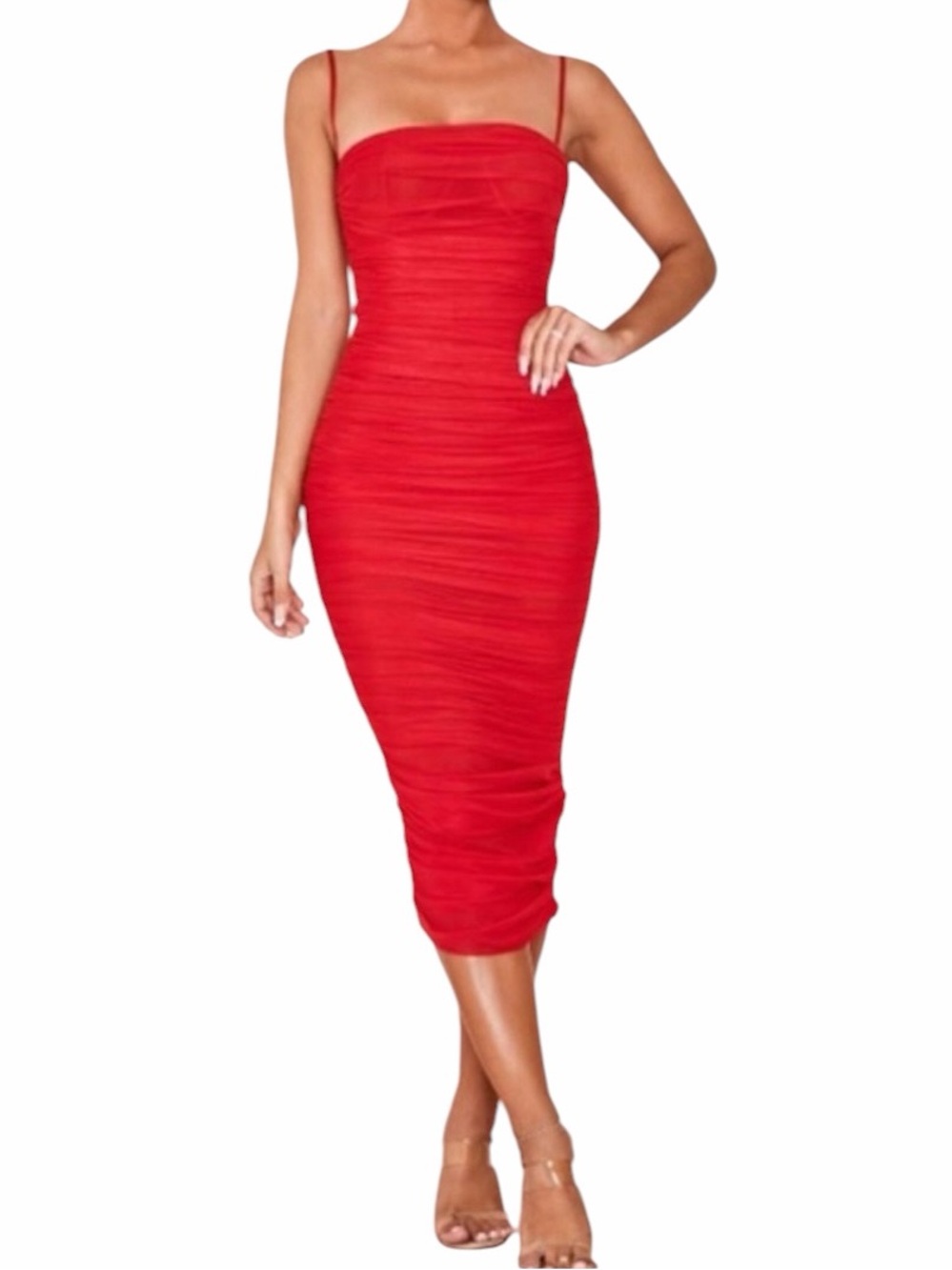 House of CB London Sirene Strappy Mesh Ruched Bodycon Midi Dress Size S